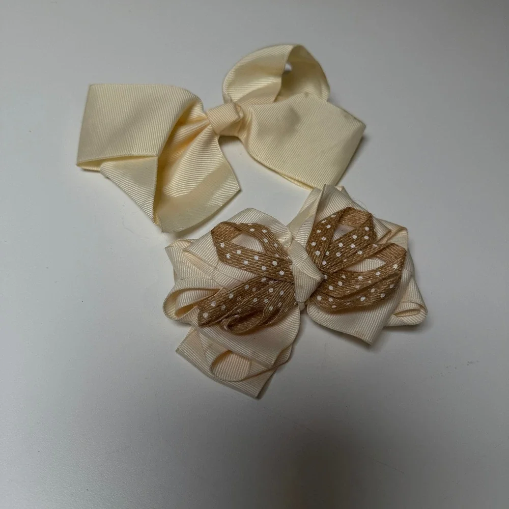 Set of‎ 2 Girls Hair Bows Cream Grosgrain Burlap Polka Dot Clip